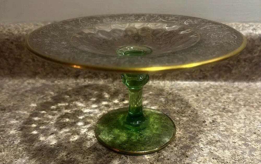 Vaseline Green Clear Glass Compote 24K Gold Rim Candy Trinket Dish MCM Vintage